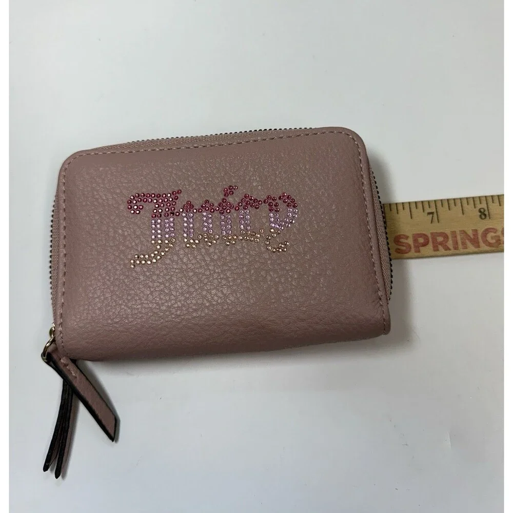 Juicy Couture Medium Double Zip Around Rhinestone Logo Wallet In Dusty Pink New